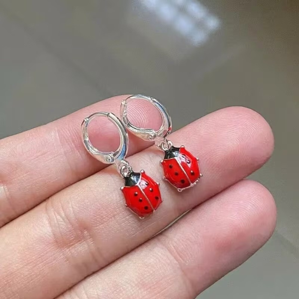 Red Ladybug Huggie Hoop Earrings Silver Tone Enamel Ladybird Dangle Jewelry